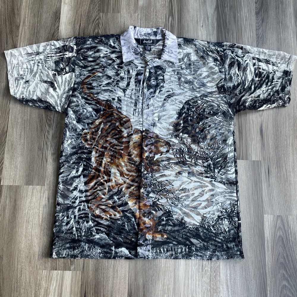Vintage 90s TRUST COUTURE‎ Mens Shirt XL Mesh Sheer Tiger Graphic Animal Print